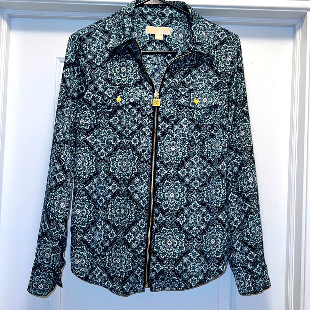 Women’s Small Michael Kors Blue/Green Long Sleeve Zip Up Blouse